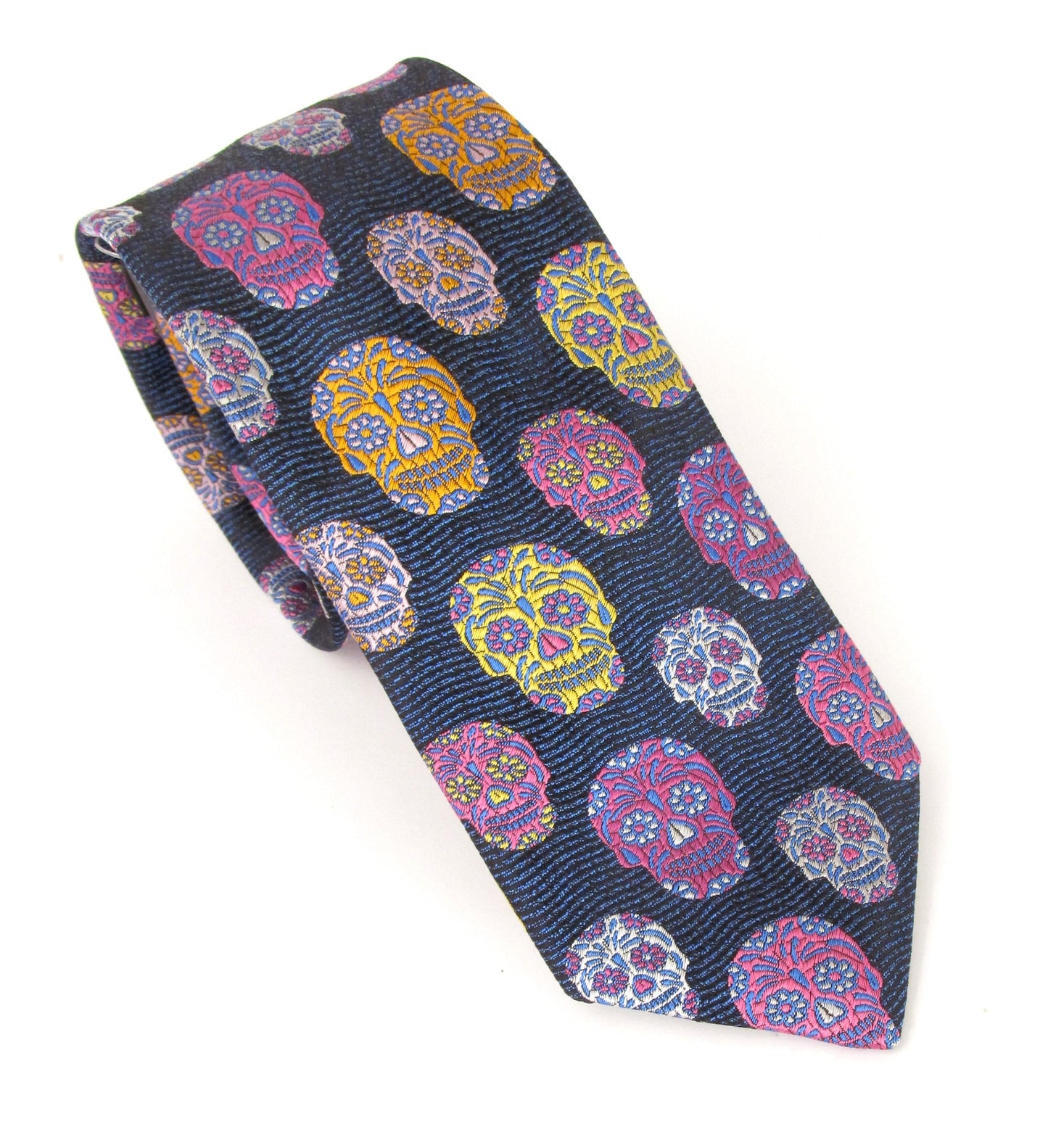 Limited Edition Navy Blue Wave with Orange Skull Silk Tie