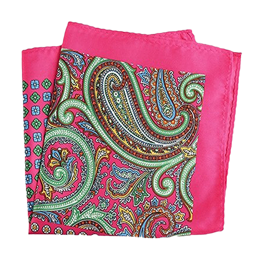 Tasker & Shaw | Luxury Menswear | Pink edged bold paisley quadrant pure silk pocket square