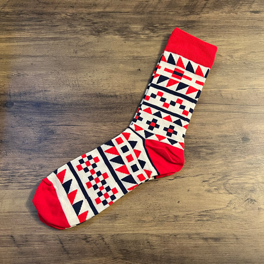 Tasker & Shaw | Luxury Menswear | Red, white and black retro pattern socks