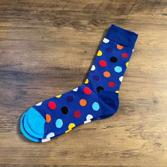 Tasker & Shaw | Luxury Menswear | Royal blue with multi coloured spots socks