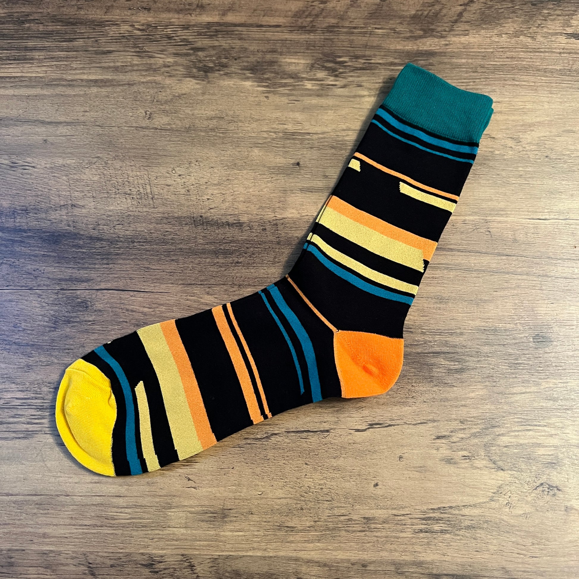Tasker & Shaw | Luxury Menswear | Black with orange yellow and blue stripes