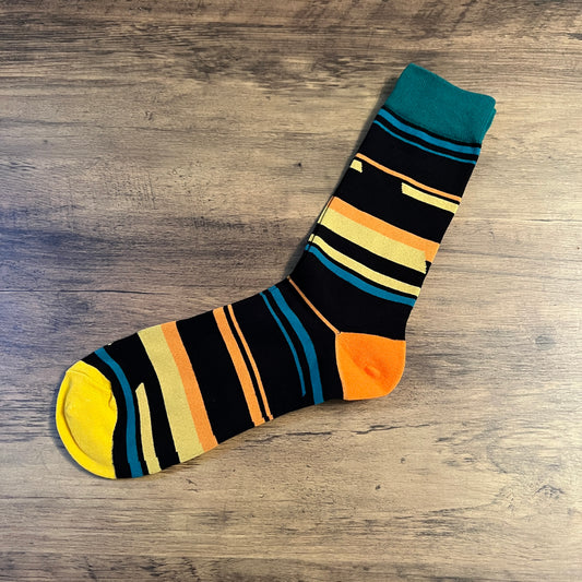 Tasker & Shaw | Luxury Menswear | Black with orange yellow and blue stripes