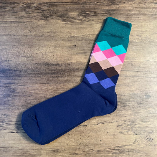 Tasker & Shaw | Luxury Menswear | Teal to navy diamonds socks