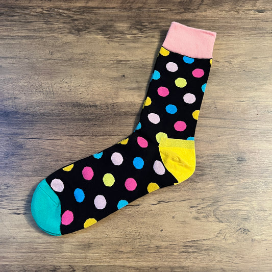 Tasker & Shaw | Luxury Menswear | Black with multicoloured spots and pink cuffs socks