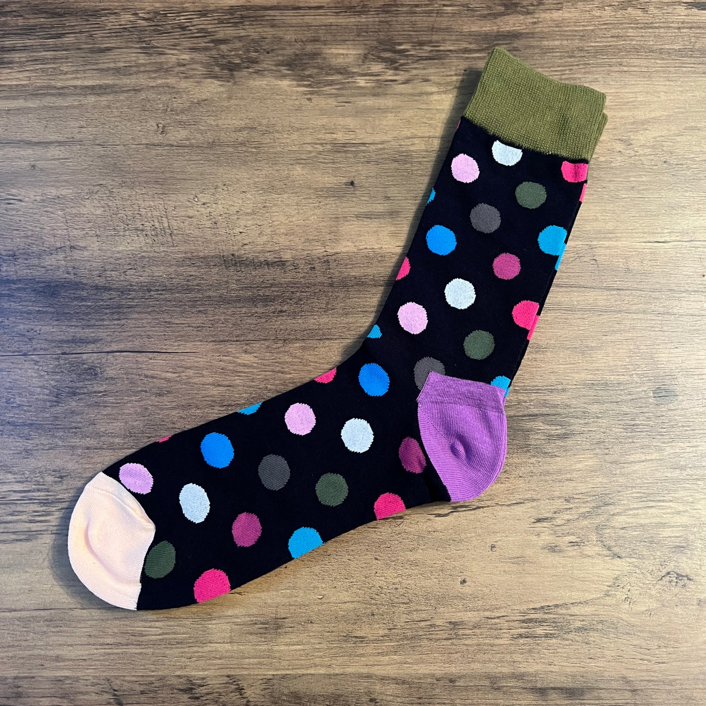 Tasker & Shaw | Luxury Menswear | Black with sage green cuffs and multicoloured spots socks