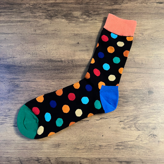 Tasker & Shaw | Luxury Menswear | Black with pink cuff peach cuffs and multicoloured spots socks
