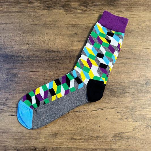 Tasker & Shaw | Luxury Menswear | Purple green and multicolour geometric pattern socks