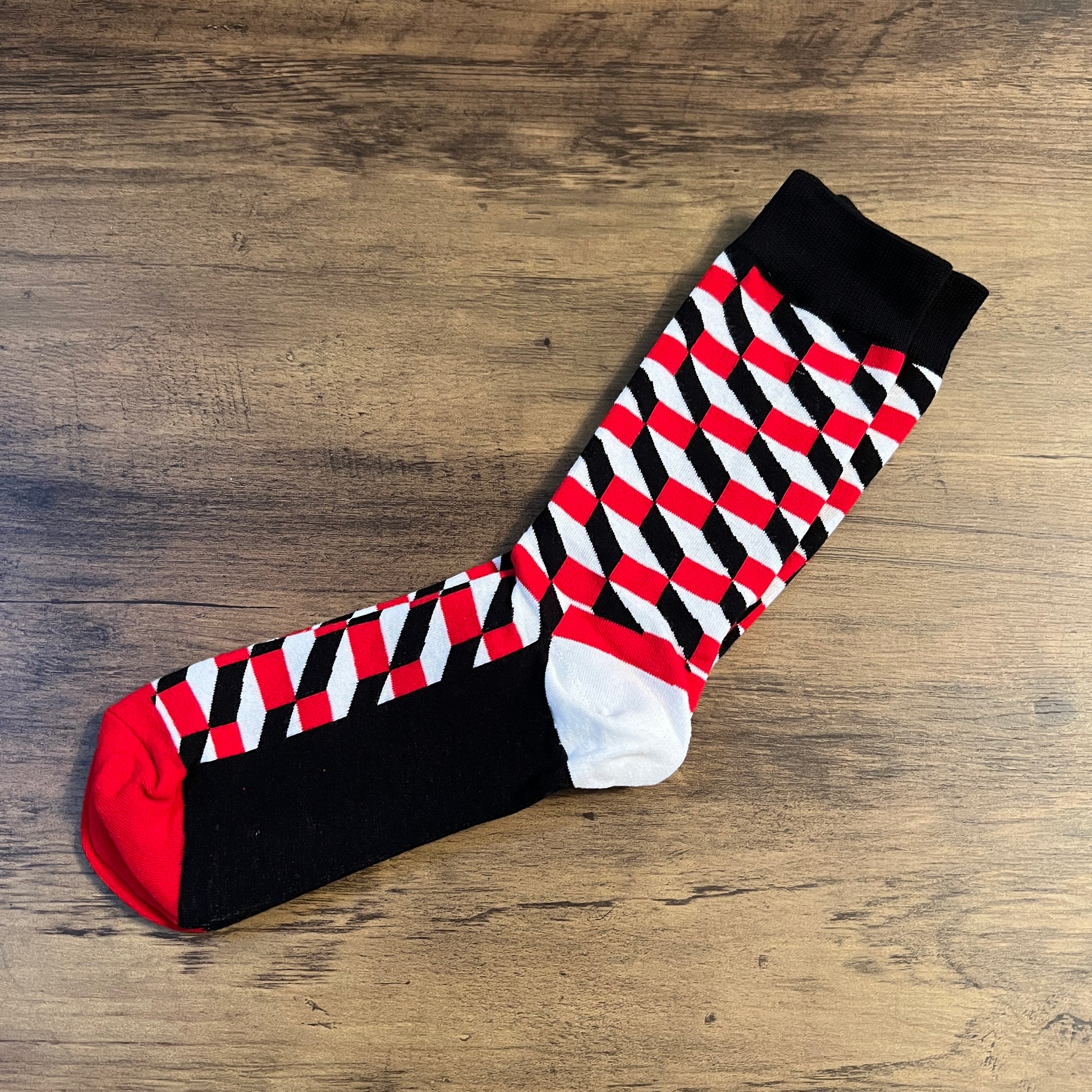Tasker & Shaw | Luxury Menswear | Black Red and White Geometric Shapes Socks
