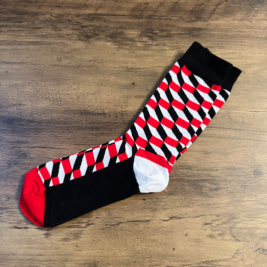 Tasker & Shaw | Luxury Menswear | Black Red and White Geometric Shapes Socks