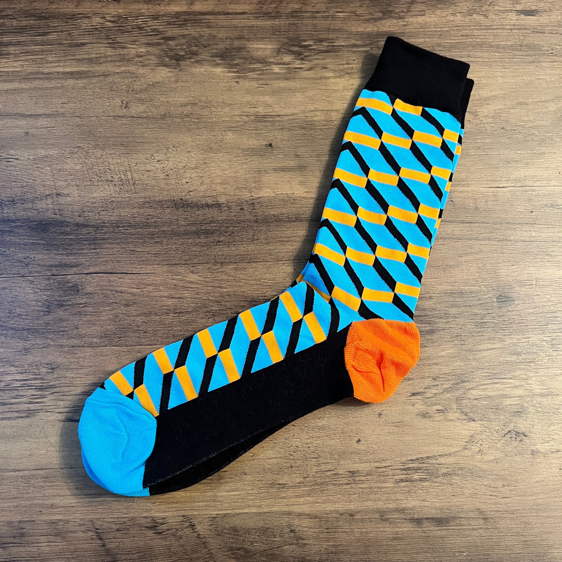 Tasker & Shaw | Luxury Menswear | Aqua, Orange and Black Stairway Geometric Pattern Socks