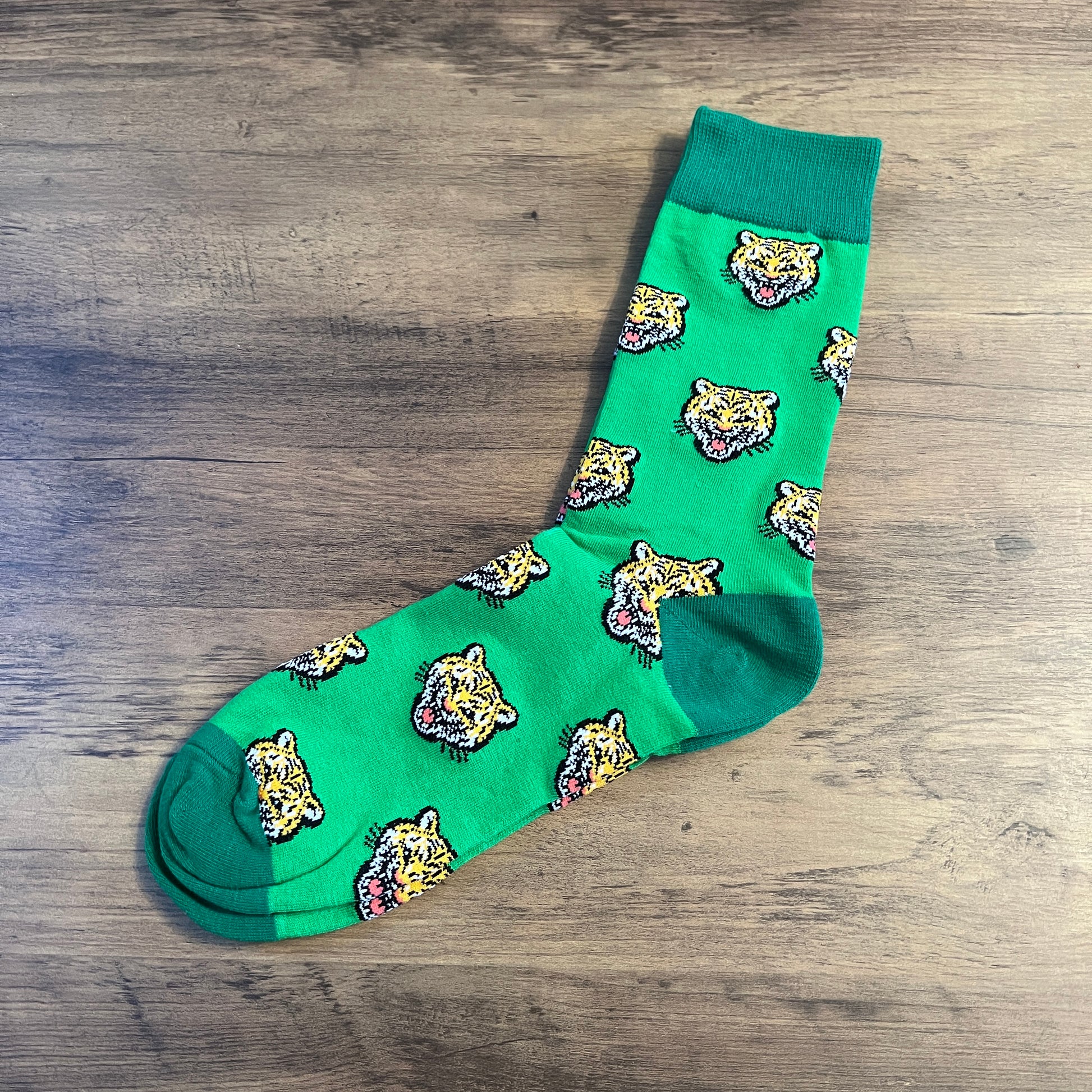Tasker & Shaw | Luxury Menswear | Green with Tiger pattern socks