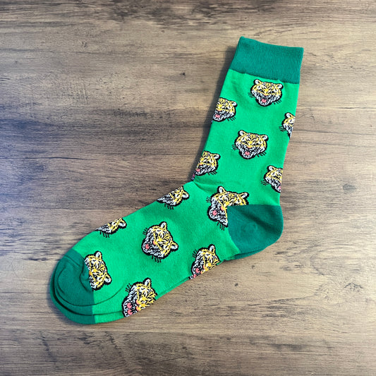 Tasker & Shaw | Luxury Menswear | Green with Tiger pattern socks