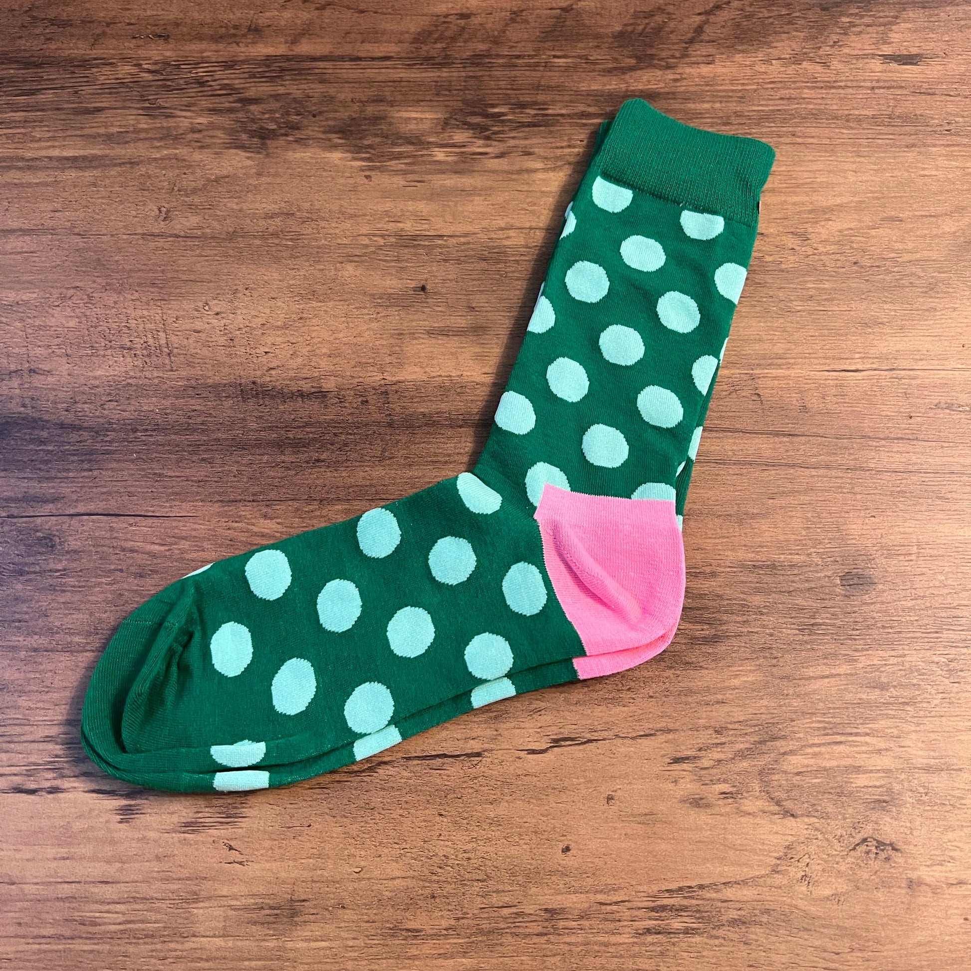 Tasker & Shaw | Luxury Menswear | green with aqua spots and pink heal socks