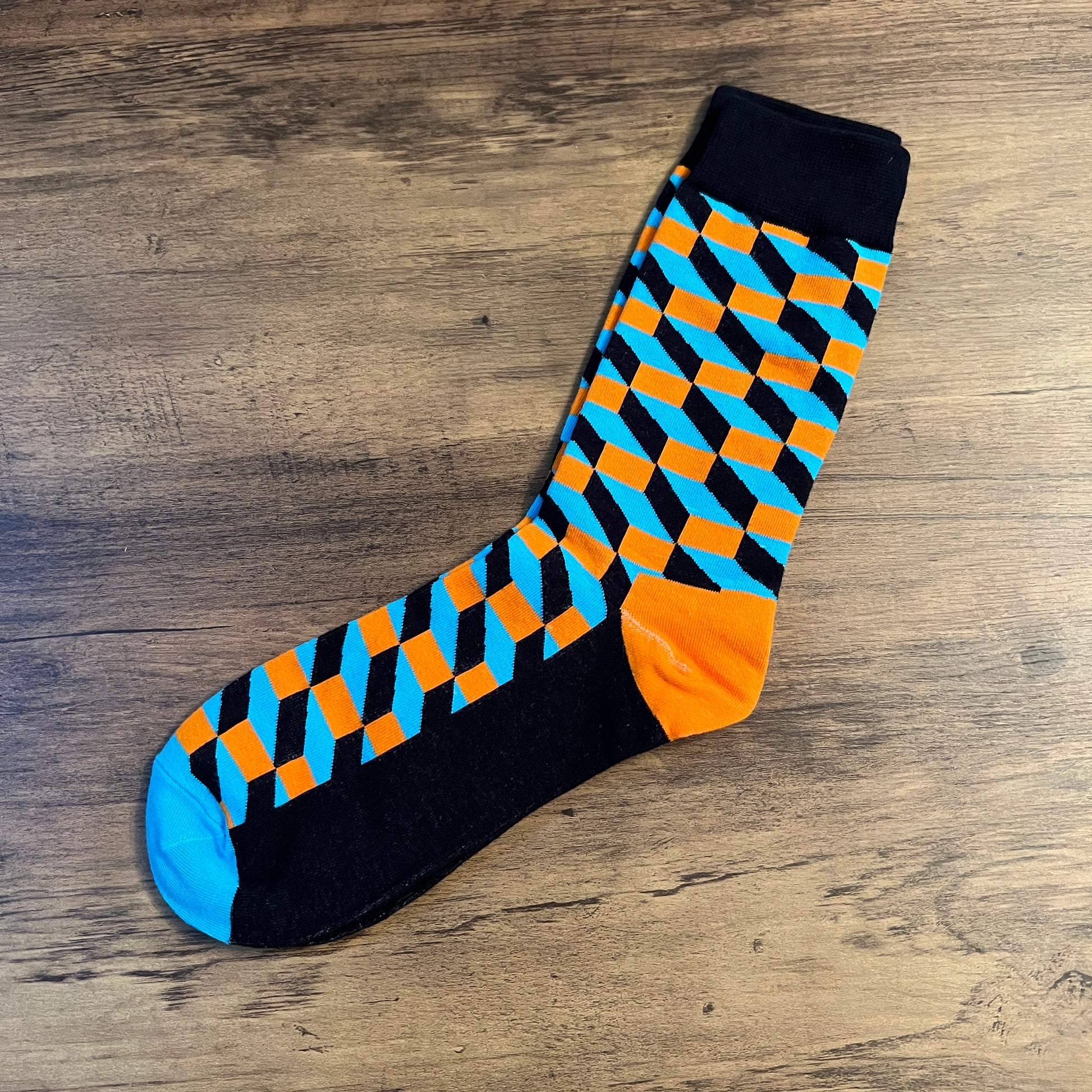 Tasker & Shaw | Luxury Menswear | Black with orange and aqua geometric pattern socks
