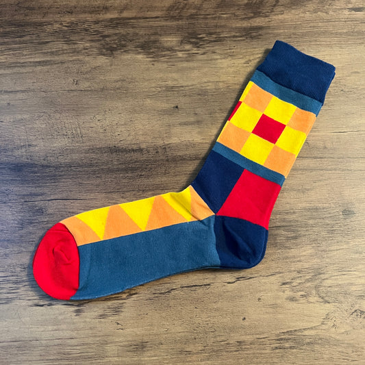 Tasker & Shaw | Luxury Menswear | Blue, Yellow and Orange Square Pattern Sock