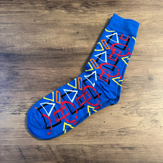 Tasker & Shaw | Luxury Menswear | Blue with Primary Coloured Stripes Socks