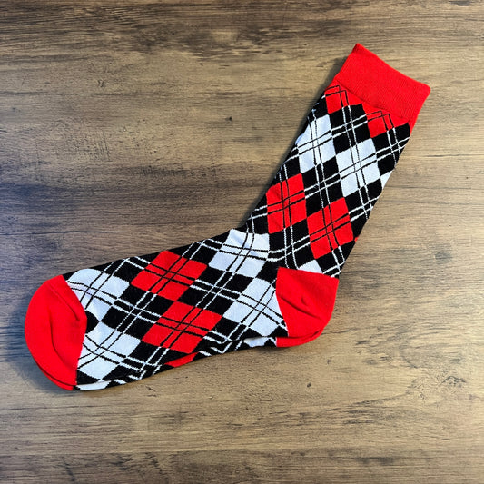 Tasker & Shaw | Luxury Menswear | Red, white and black modern argyle socks