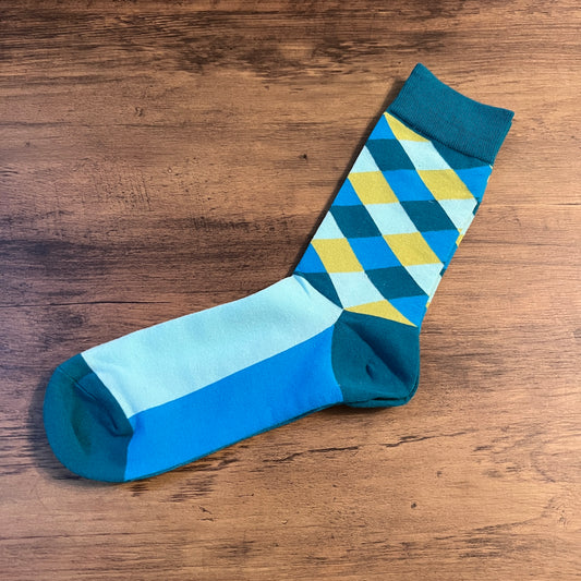 Tasker & Shaw | Luxury Menswear | Shades of teal diamond sock with green contrasting diamond pattern