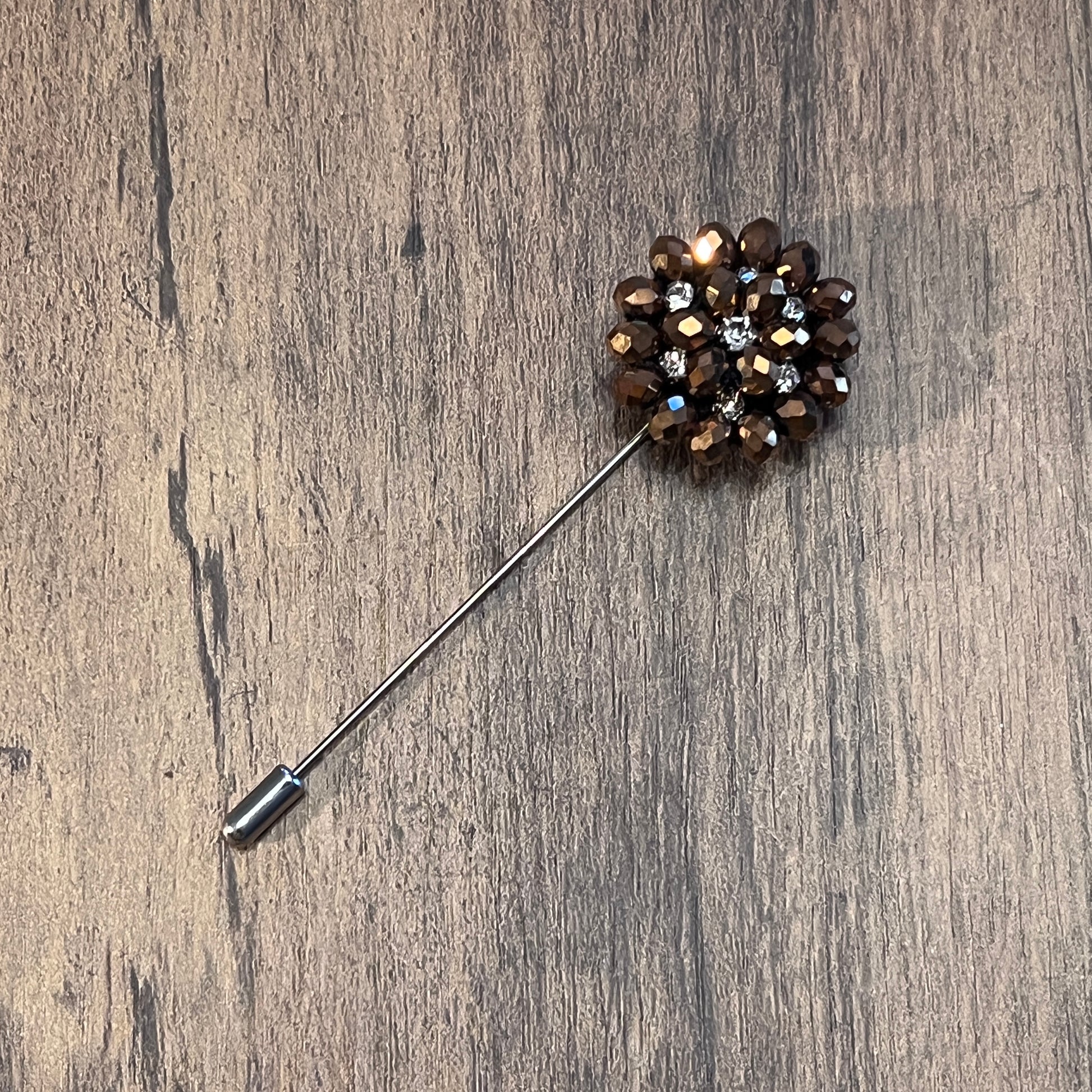 Tasker & Shaw | Luxury Menswear | White and Bronze crystal geometric pattern lapel pin