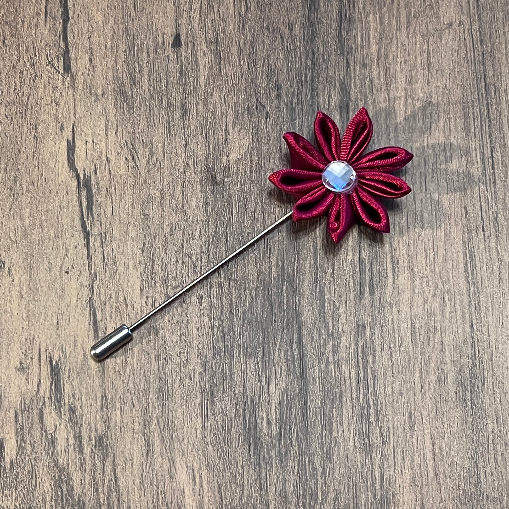 Tasker & Shaw | Luxury Menswear | Maroon flower with crystal lapel pin