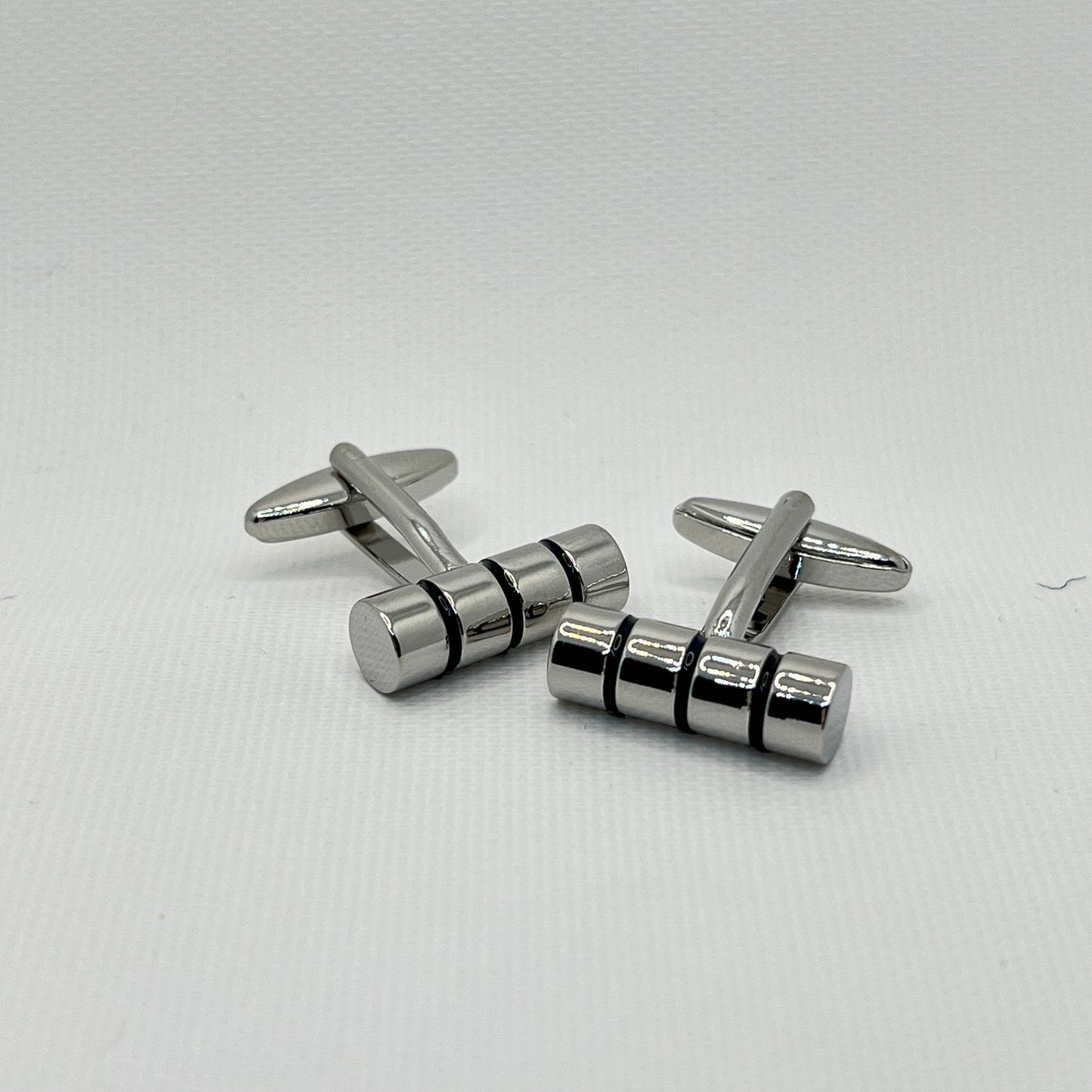 Tasker & Shaw | Luxury Menswear | Silver barrel cufflinks with black stripes