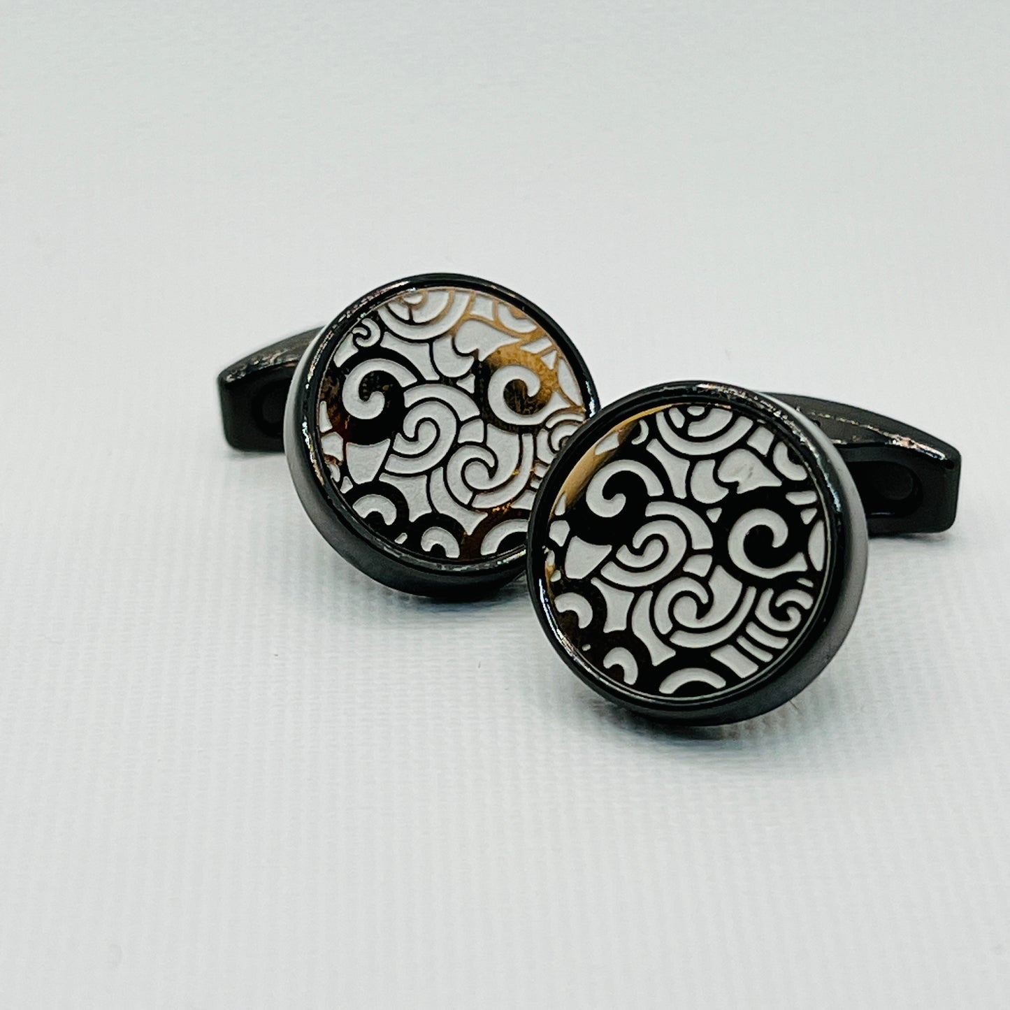 Tasker & Shaw | Luxury Menswear | Black Cufflinks with Black and White Art Deco Pattern