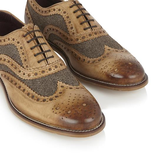 Tasker & Shaw | Luxury Menswear | Clyde Leather Brogue Tan/Tweed