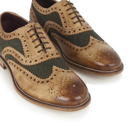Tasker & Shaw | Luxury Menswear | Clyde Leather Brogue Tan/Green Tweed