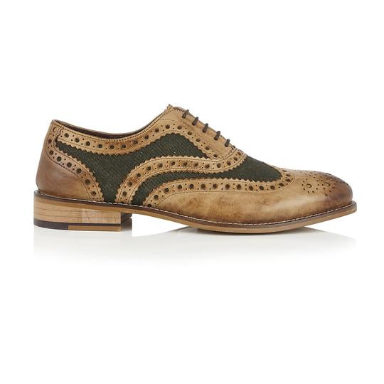 Tasker & Shaw | Luxury Menswear | Clyde Leather Brogue Tan/Green Tweed