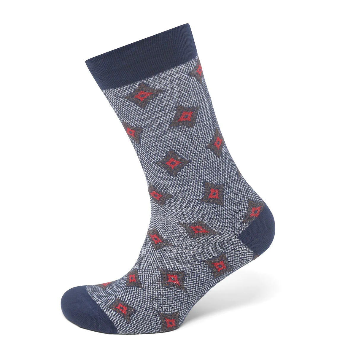 Tasker & Shaw | Luxury Menswear | Woven navy socks with diamond pattern, French Cotton