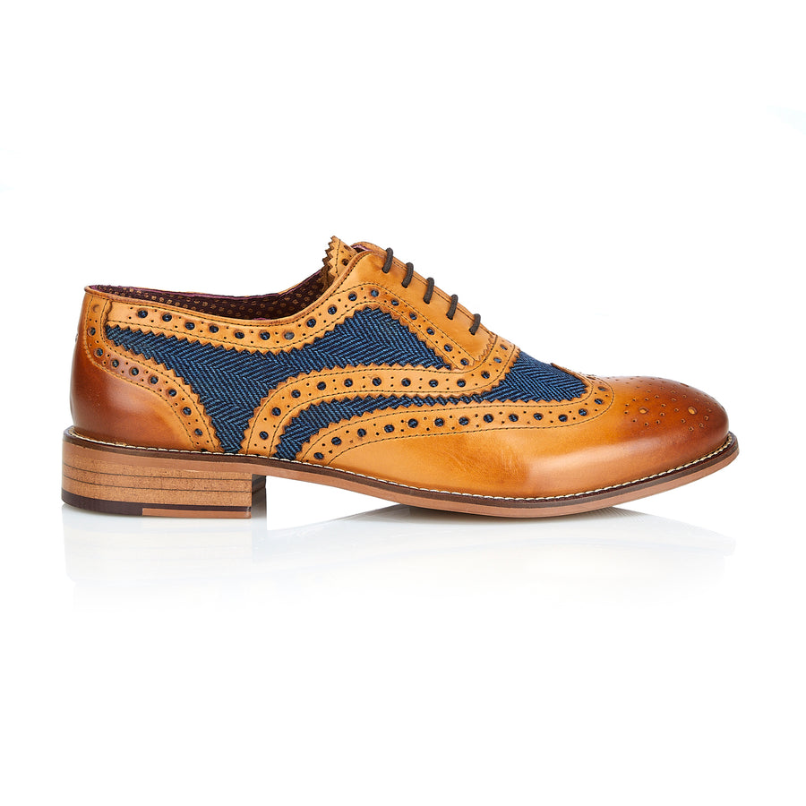 Tasker & Shaw | Luxury Menswear | Clyde Leather Brogue Tan/Blue Tweed