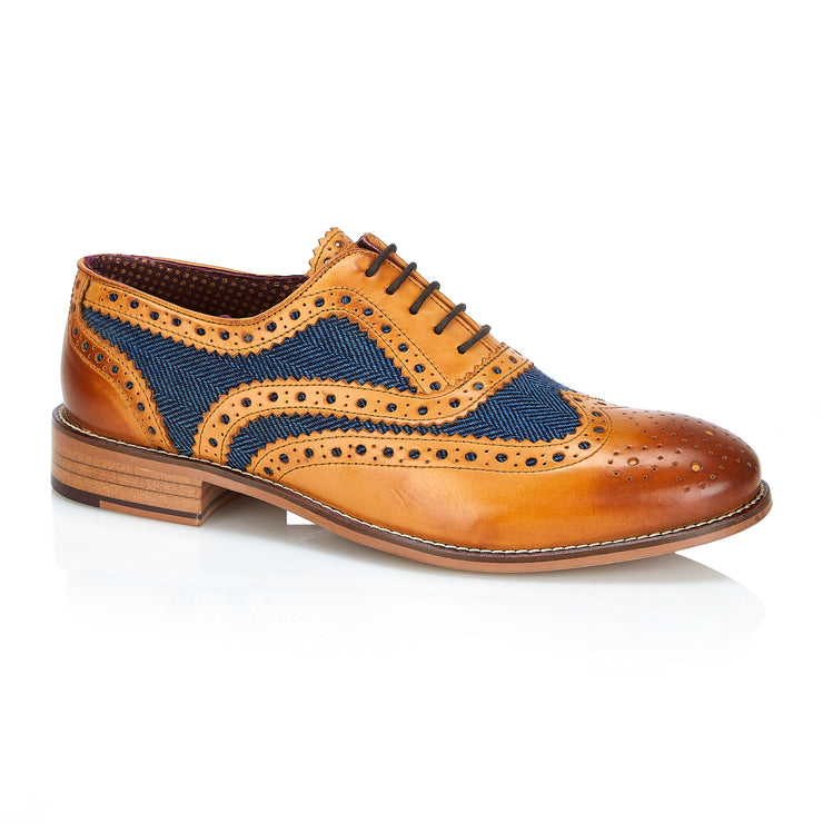 Tasker & Shaw | Luxury Menswear | Clyde Leather Brogue Tan/Blue Tweed
