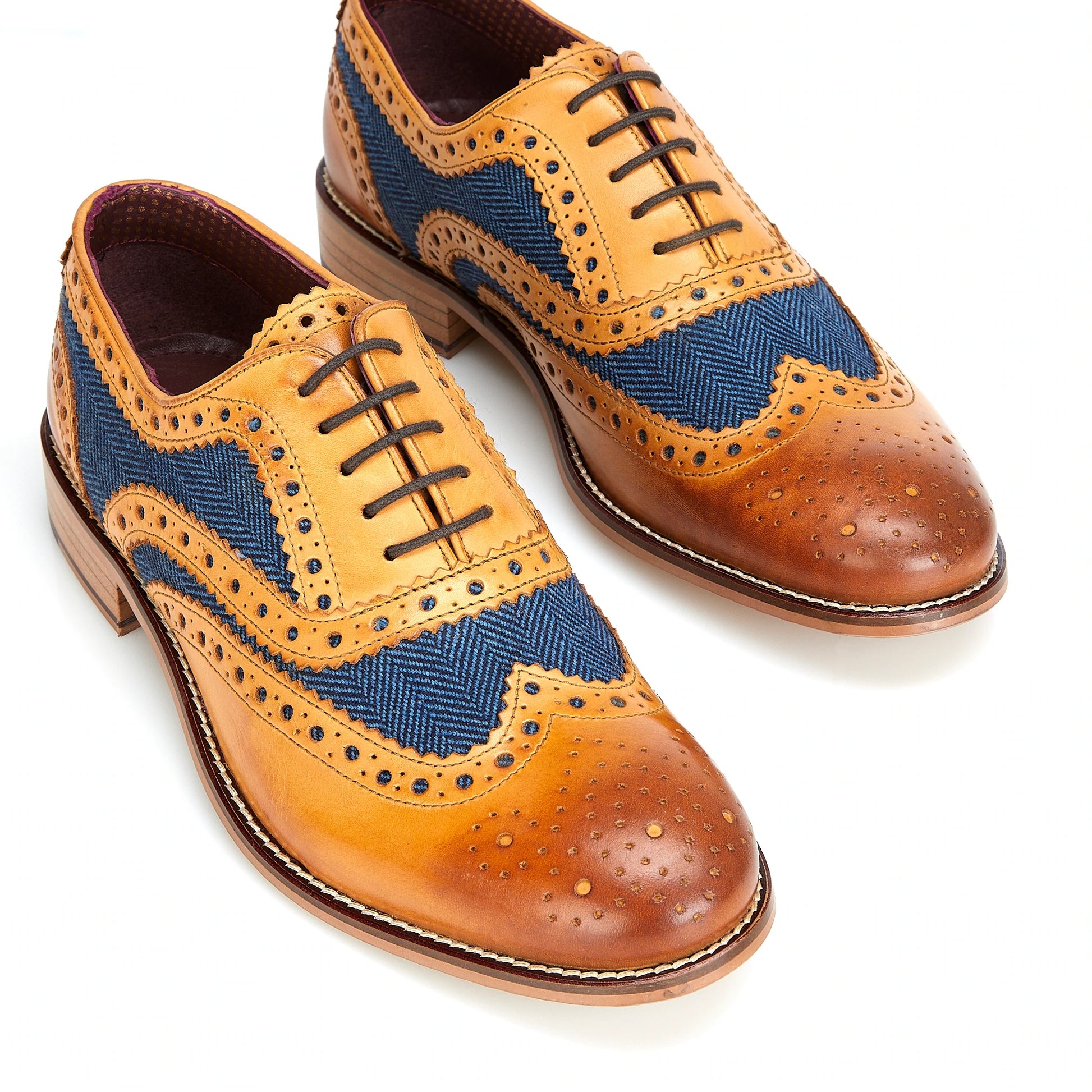 Tasker & Shaw | Luxury Menswear | Clyde Leather Brogue Tan/Blue Tweed