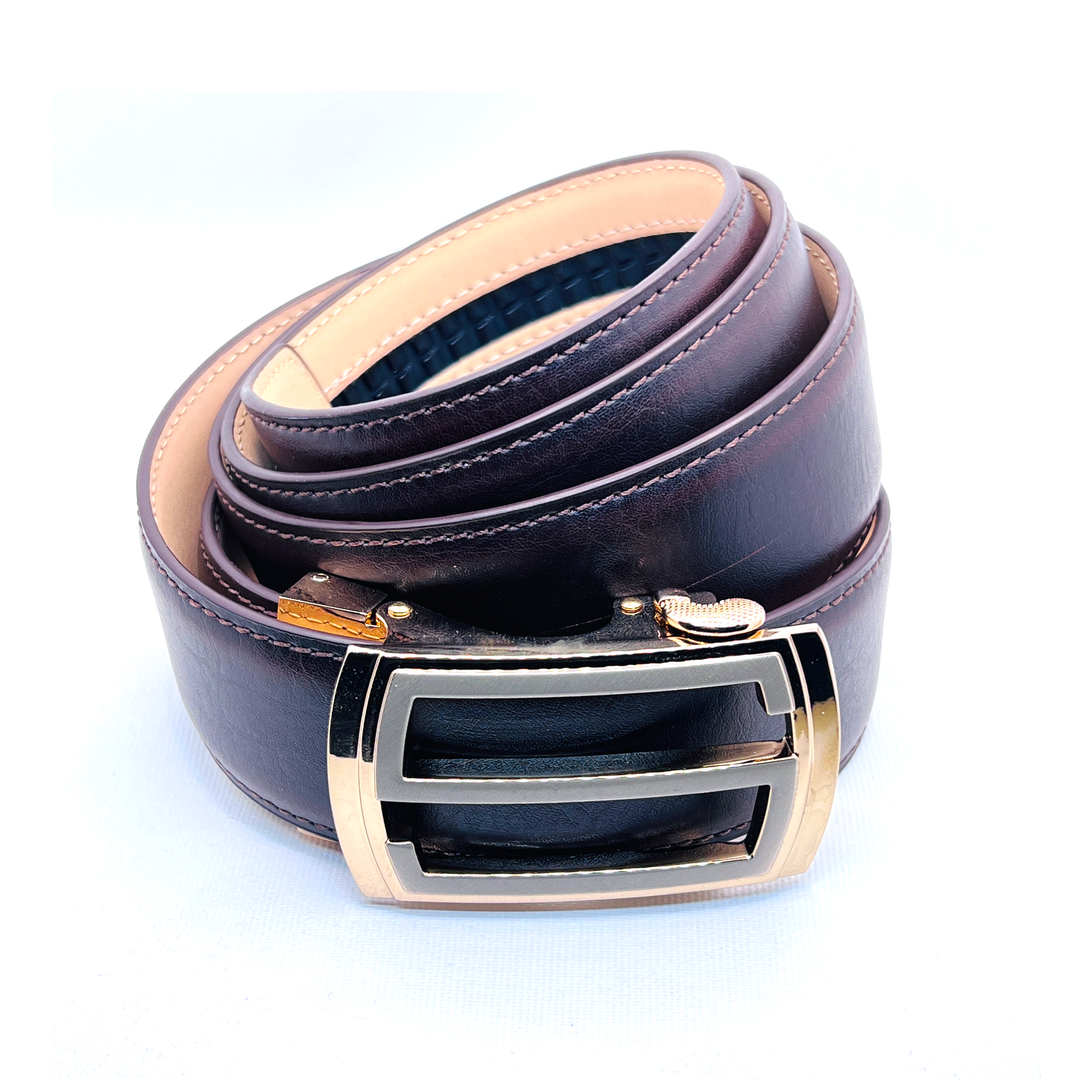 Tasker & Shaw | Luxury Menswear | Brown leather ratchet belt with rose gold and gunmetal buckle