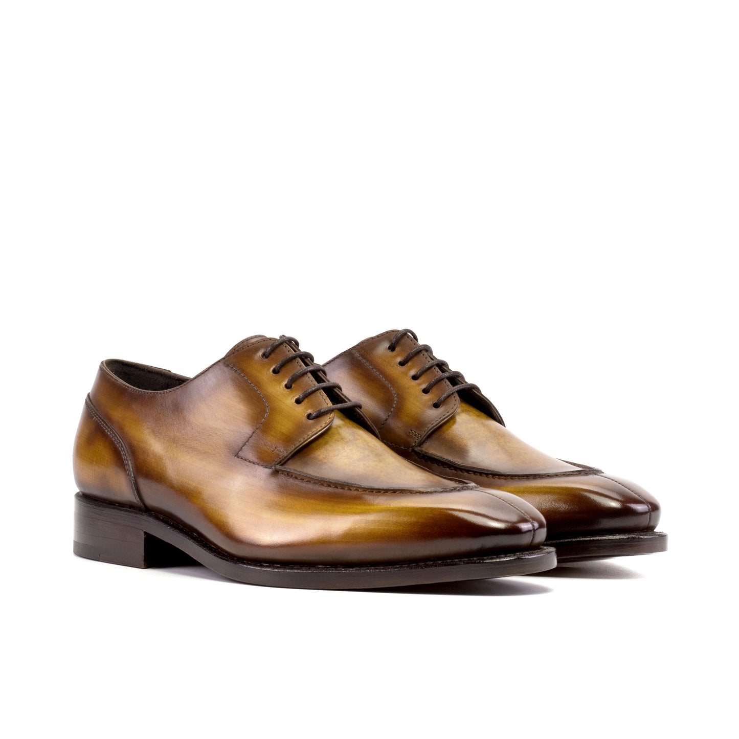 Handcrafted Split Toe Derby Shoe: Cognac Patina