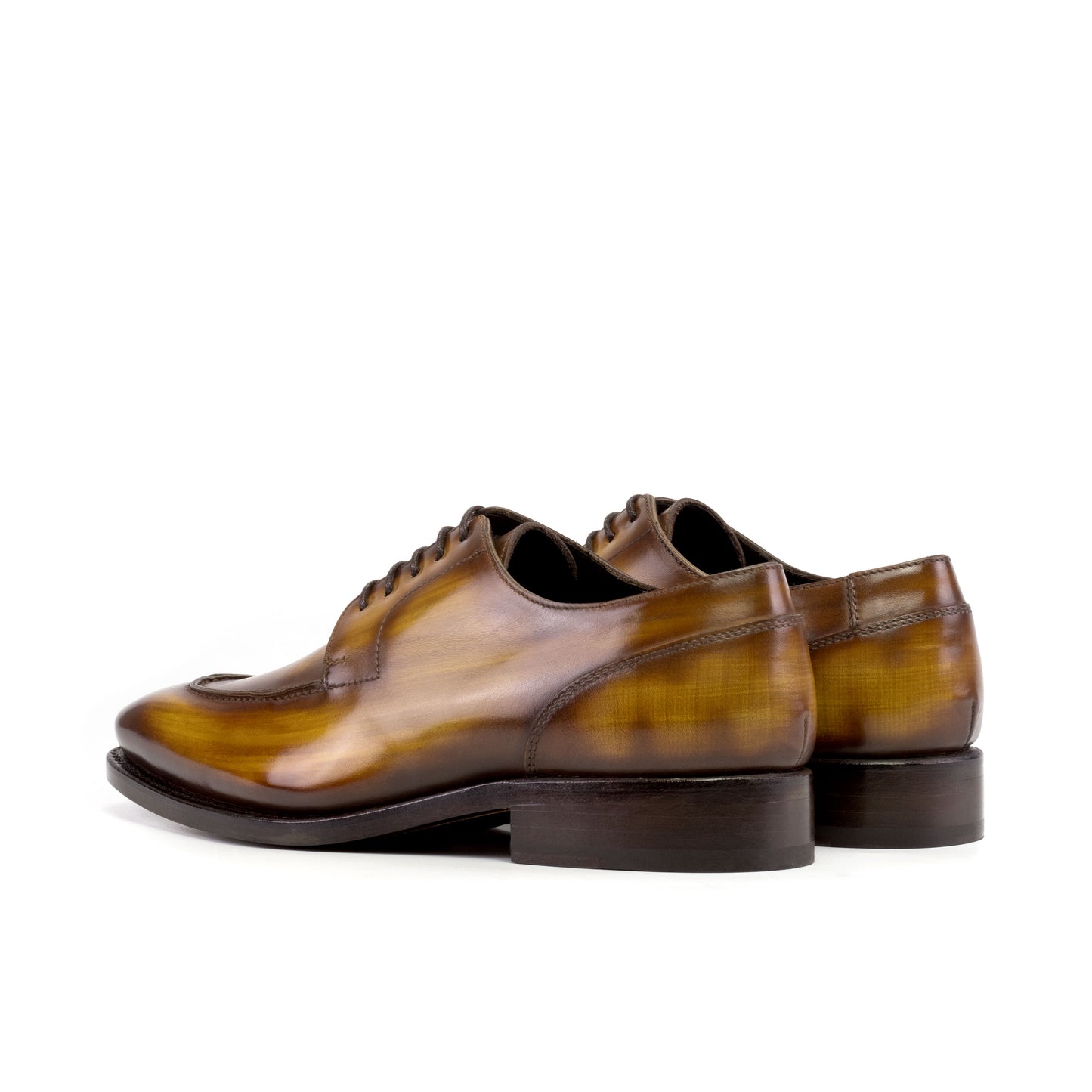 Handcrafted Split Toe Derby Shoe: Cognac Patina