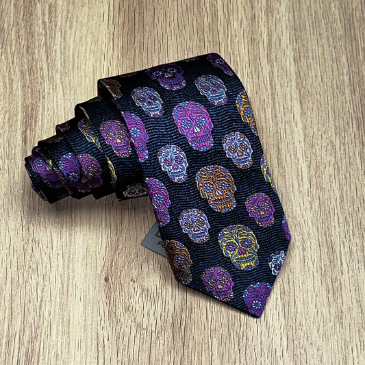 Limited Edition Navy Blue Wave with Orange Skull Silk Tie