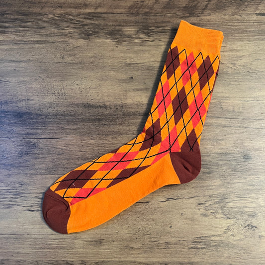 Tasker & Shaw | Luxury Menswear | Orange, burgundy and red argyle socks