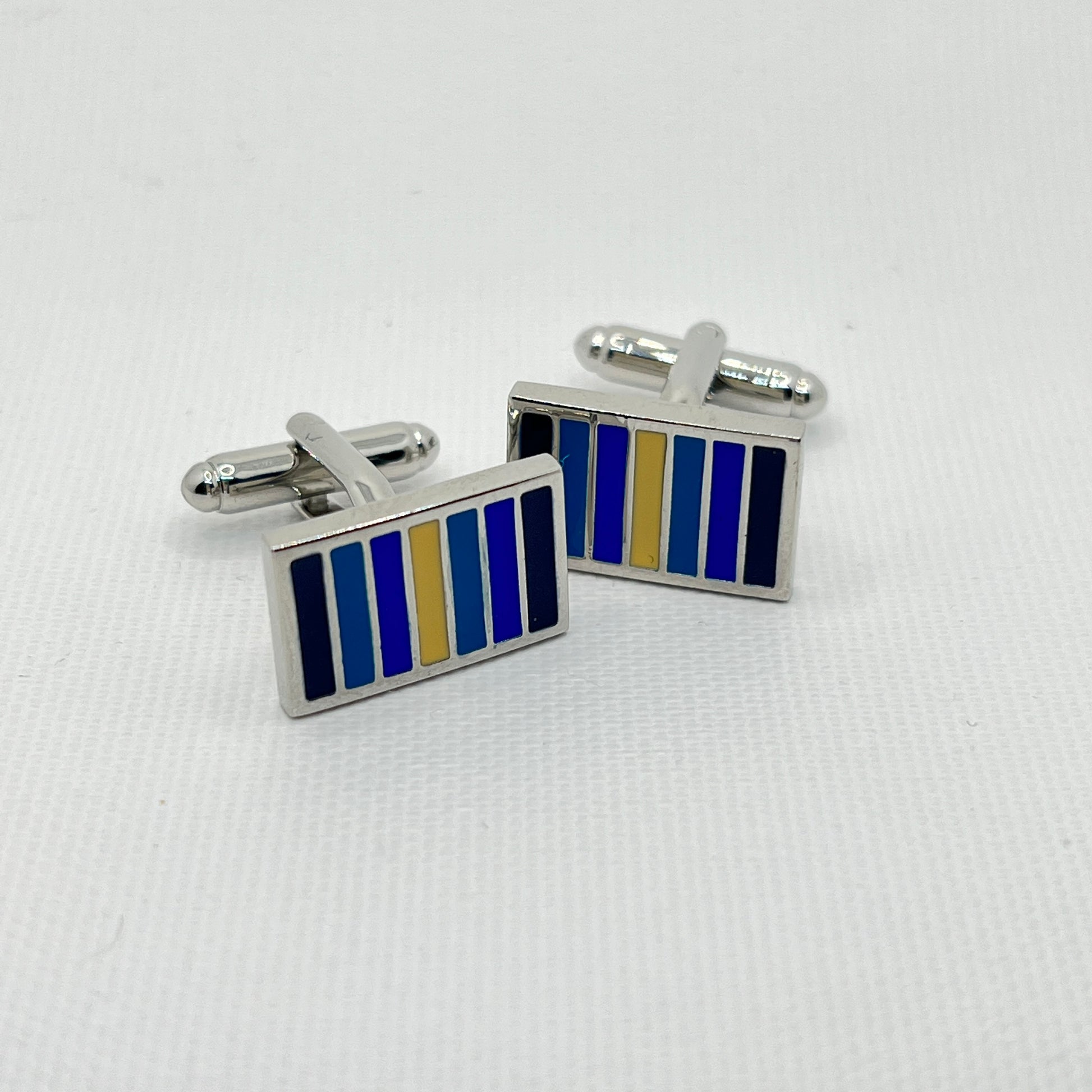 Tasker & Shaw | Luxury Menswear | Silver cufflinks with cream & blue bars