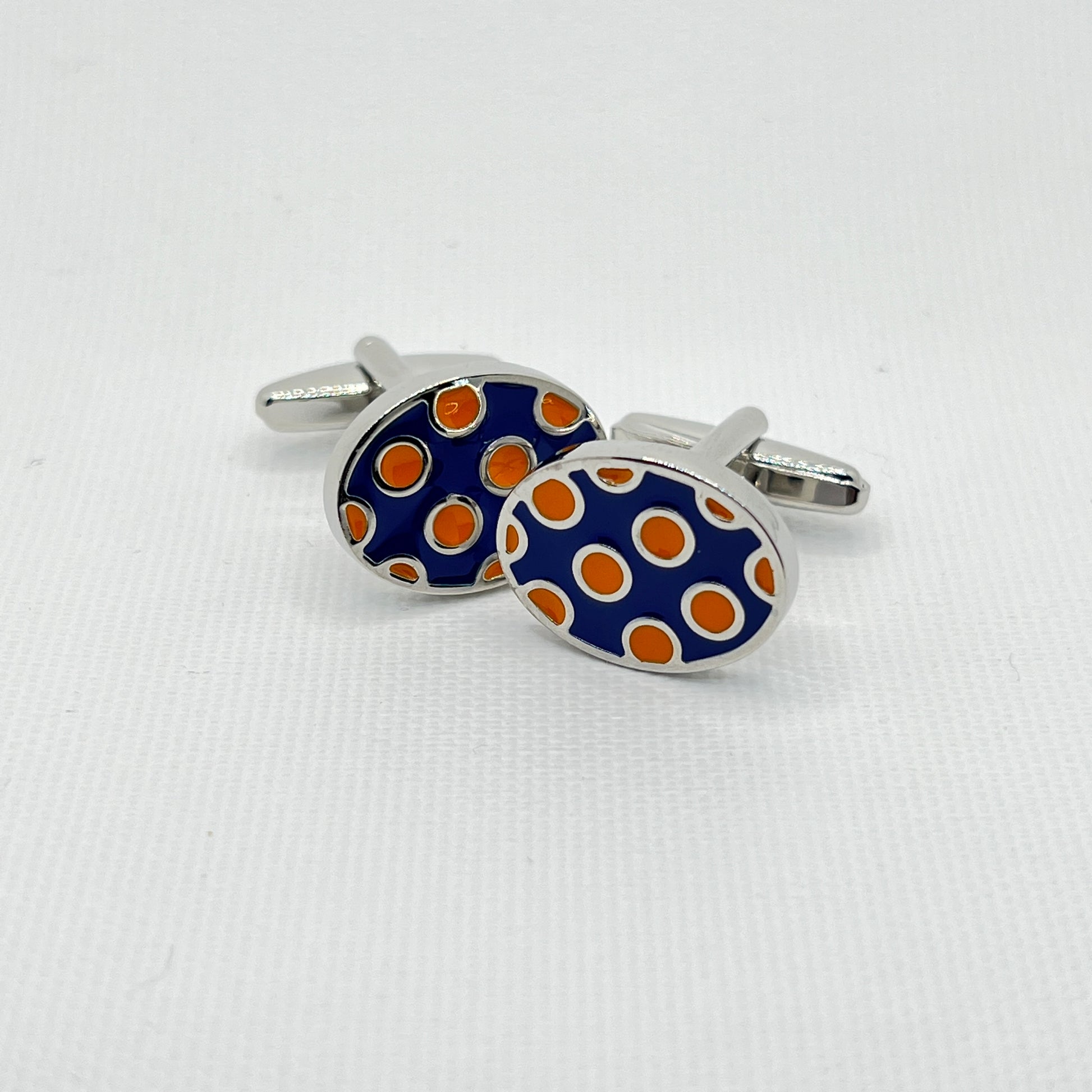 Tasker & Shaw | Luxury Menswear | Blue Oval with Orange Dots Cufflinks