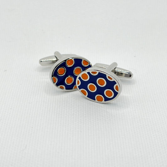 Tasker & Shaw | Luxury Menswear | Blue Oval with Orange Dots Cufflinks