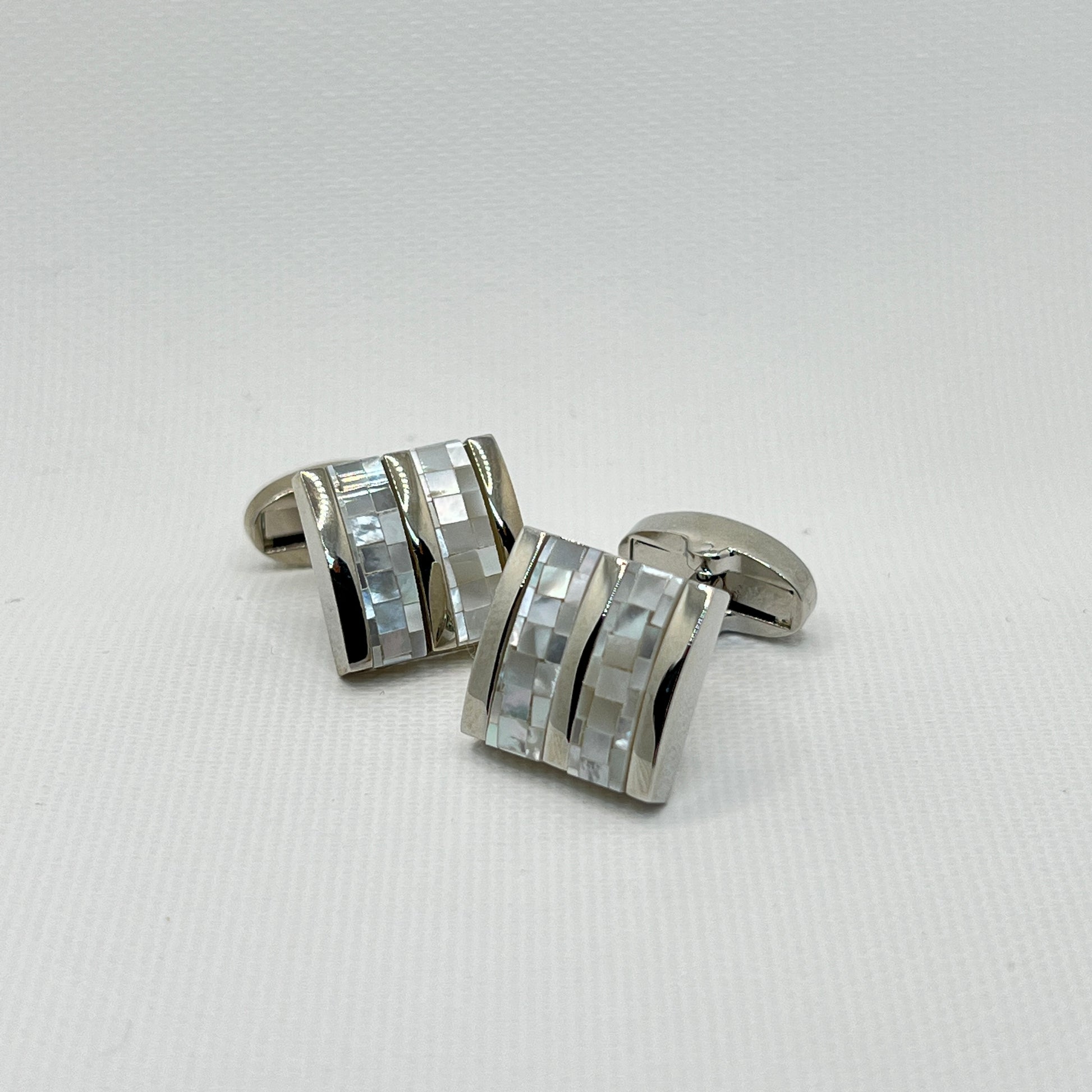 Tasker & Shaw | Luxury Menswear | Silver striped cufflinks with mother of pearl inlay