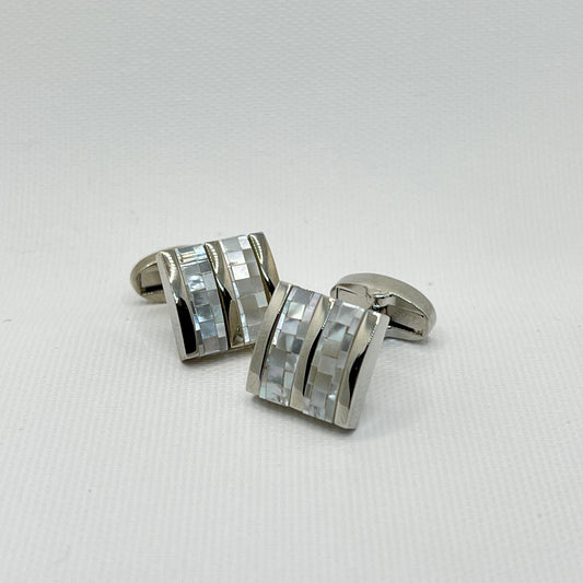Tasker & Shaw | Luxury Menswear | Silver striped cufflinks with mother of pearl inlay