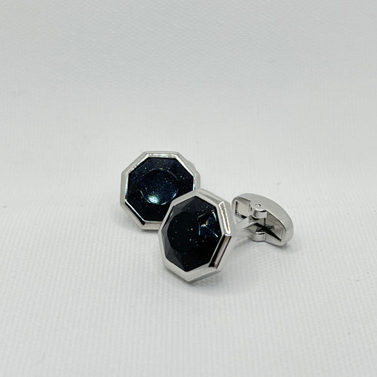 Tasker & Shaw | Luxury Menswear | Silver octagonal cufflinks with darkest blue shimmering inlay