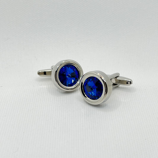 Tasker & Shaw | Luxury Menswear | Round silver with bright blue crystal cufflinks