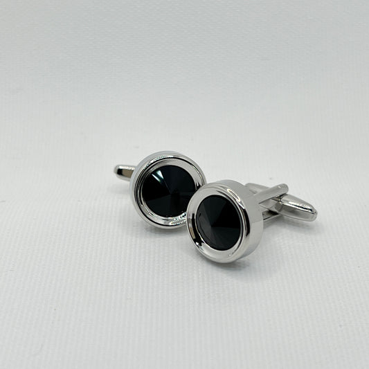 Tasker & Shaw | Luxury Menswear | Round silver with black crystal cufflinks