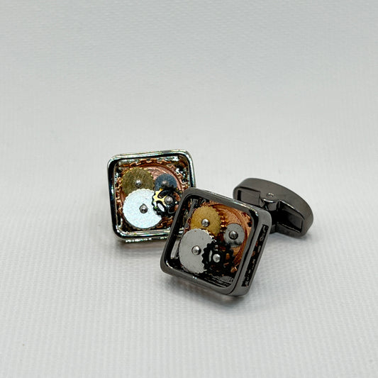 Tasker & Shaw | Luxury Menswear | Black Chrome Square Skeleton Watch Mechanism Cufflinks