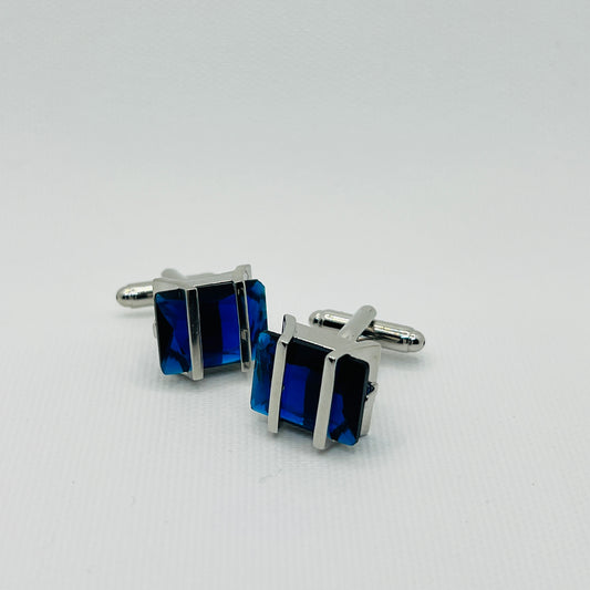 Tasker & Shaw | Luxury Menswear | Silver with clear rectangular deep blue crystal