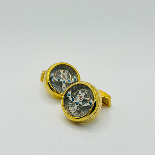 Tasker & Shaw | Luxury Menswear | Round gold enclose watch escapment cufflinks