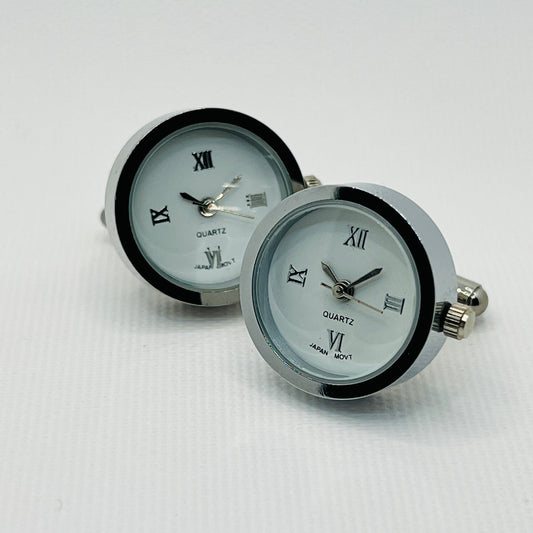 Tasker & Shaw | Luxury Menswear | Working round silver Roman numeral clock cufflinks